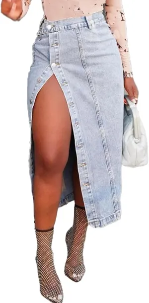 Women's Denim Maxi Skirt Sexy High Slit Long Skirts High Waist Cargo Jean Skirt Casual
