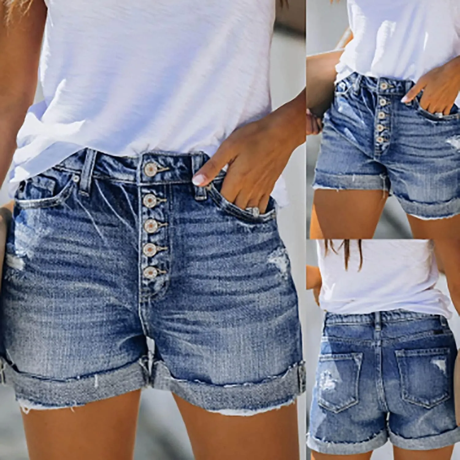 Womens Denim Shorts Mid Rise Ripped Jean Shorts Summer Stretchy Jean Shorts Distressed Rolled Hem Jeans Shorts