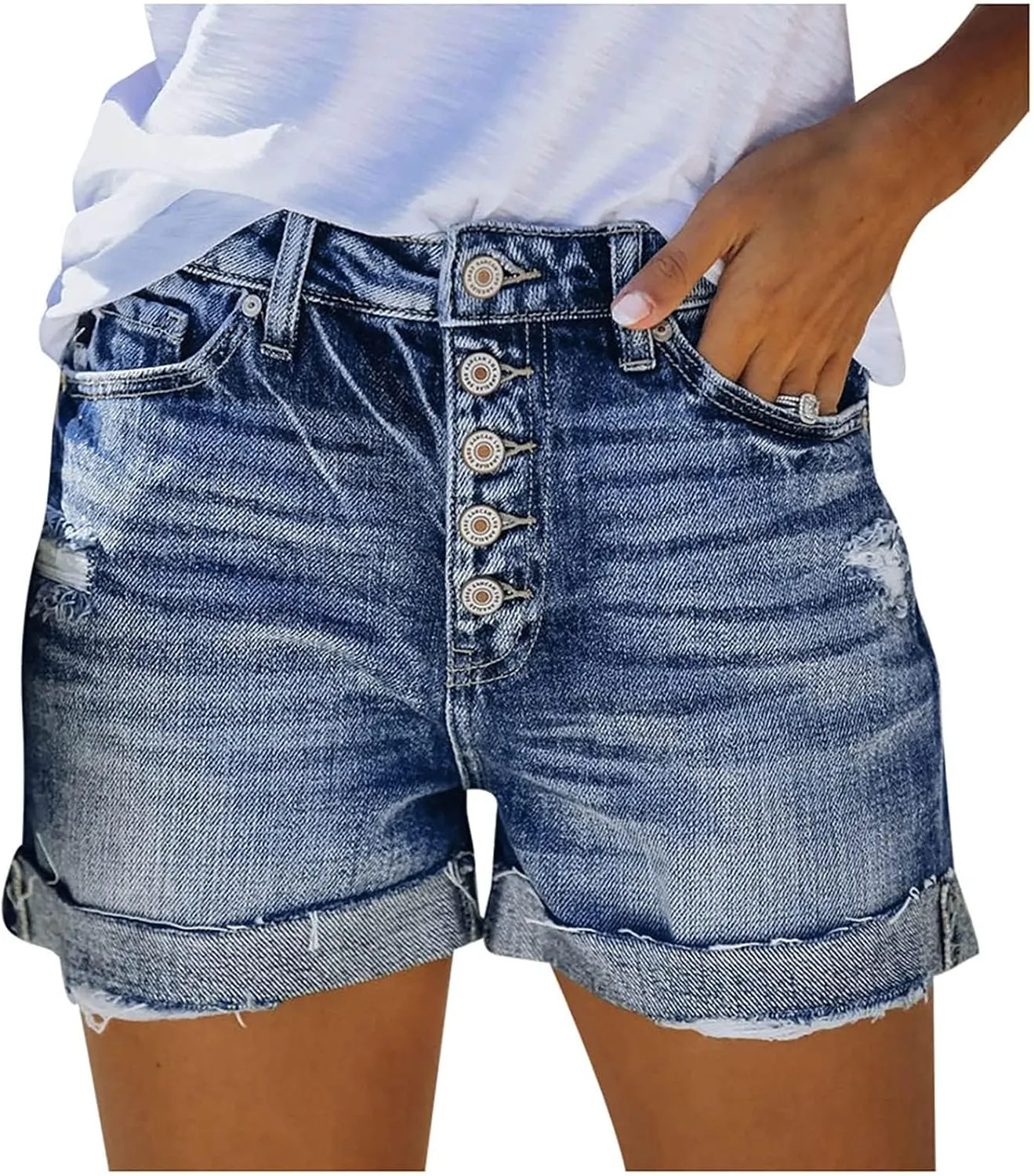 Womens Denim Shorts Mid Rise Ripped Jean Shorts Summer Stretchy Jean Shorts Distressed Rolled Hem Jeans Shorts