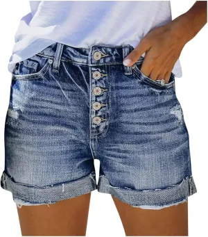 Womens Denim Shorts Mid Rise Ripped Jean Shorts Summer Stretchy Jean Shorts Distressed Rolled Hem Jeans Shorts