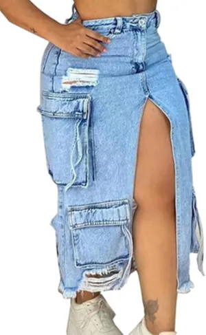 Womens Denim Skirt Casual High Waisted Slit Frayed Cargo Skirts Stretch Midi Jean Skirt with Pockets