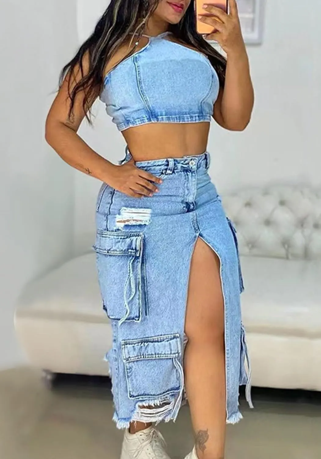 Womens Denim Skirt Casual High Waisted Slit Frayed Cargo Skirts Stretch Midi Jean Skirt with Pockets