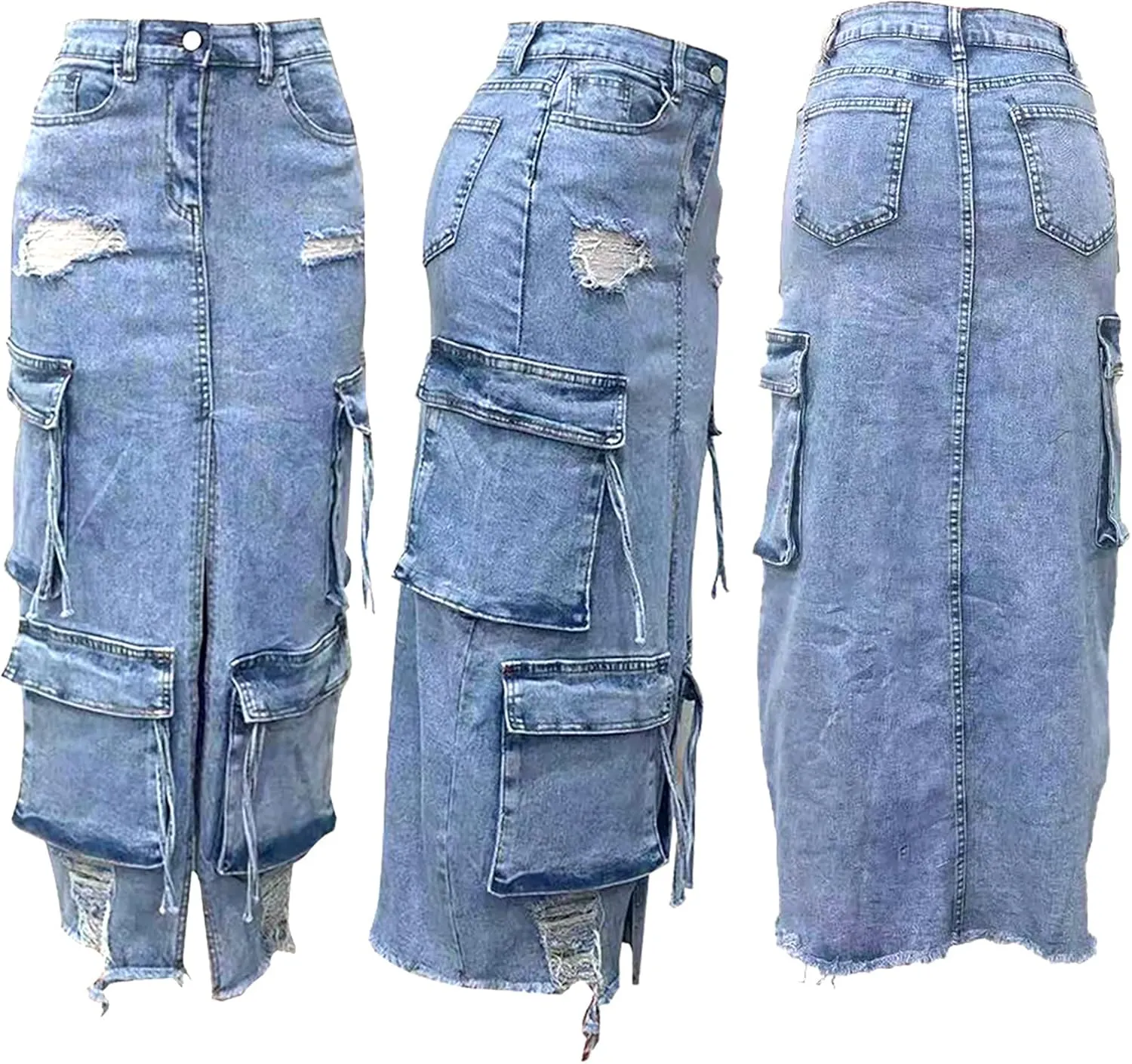 Womens Denim Skirt Casual High Waisted Slit Frayed Cargo Skirts Stretch Midi Jean Skirt with Pockets