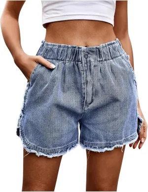 Women's Elastic Comfy Jean Shorts High-Waisted Jeans Shorts Frayed Raw Hem Ripped Summer Denim Shorts