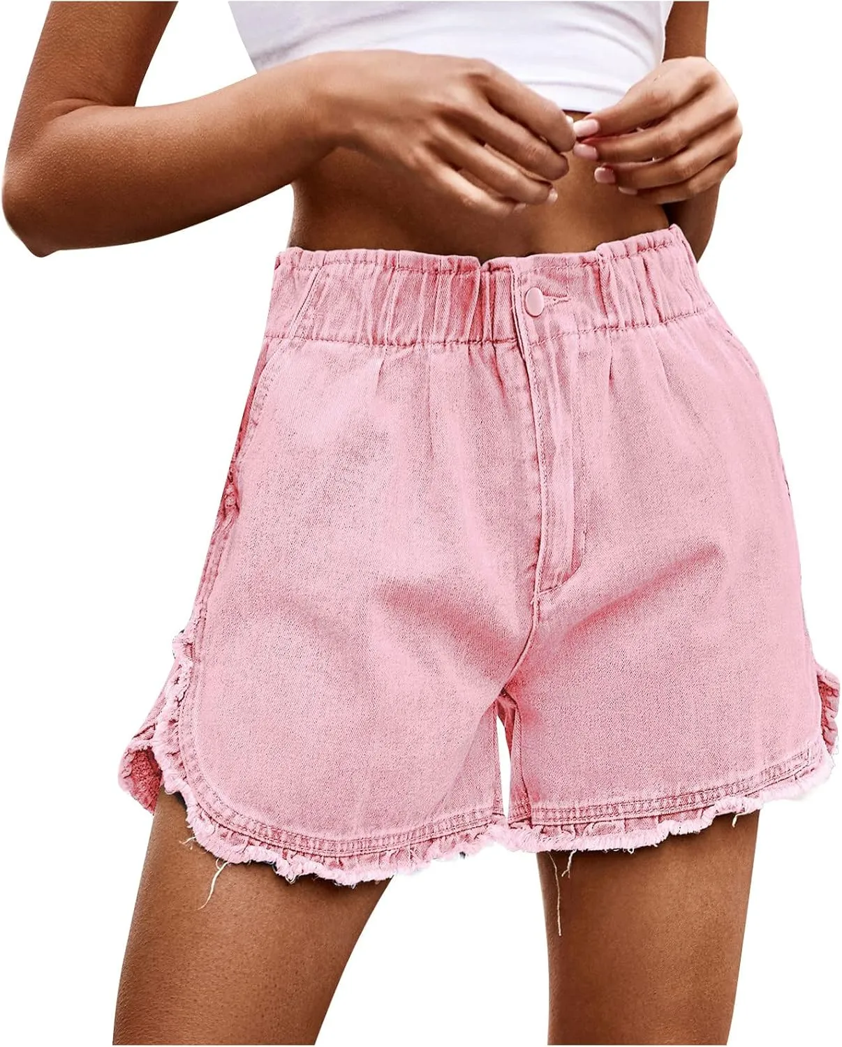 Women's Elastic Comfy Jean Shorts High-Waisted Jeans Shorts Frayed Raw Hem Ripped Summer Denim Shorts