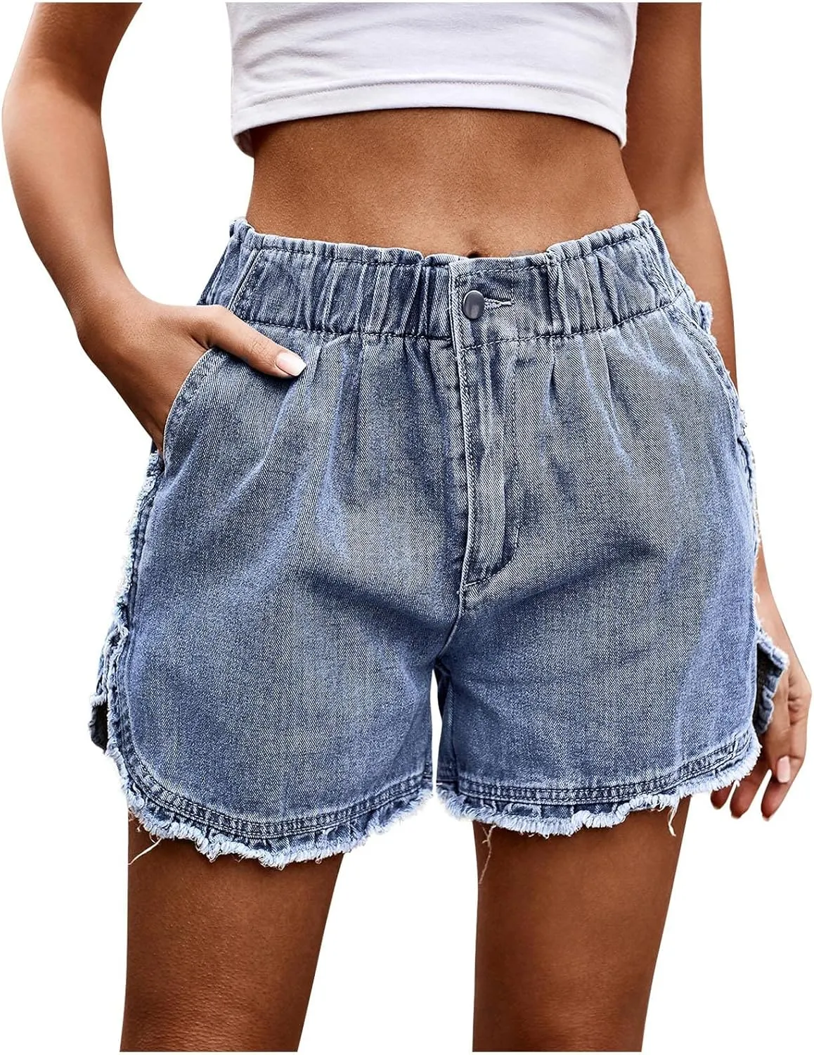 Women's Elastic Comfy Jean Shorts High-Waisted Jeans Shorts Frayed Raw Hem Ripped Summer Denim Shorts