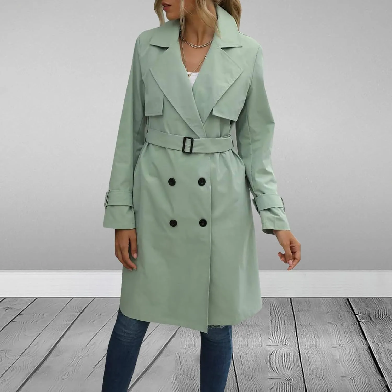 Women's Fashion Autumn Winter Solid Color Double Breasted Trench Coat Rain Windbreaker Women