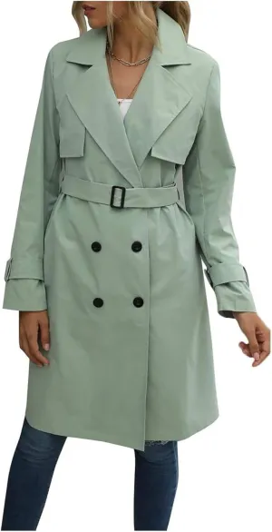 Women's Fashion Autumn Winter Solid Color Double Breasted Trench Coat Rain Windbreaker Women