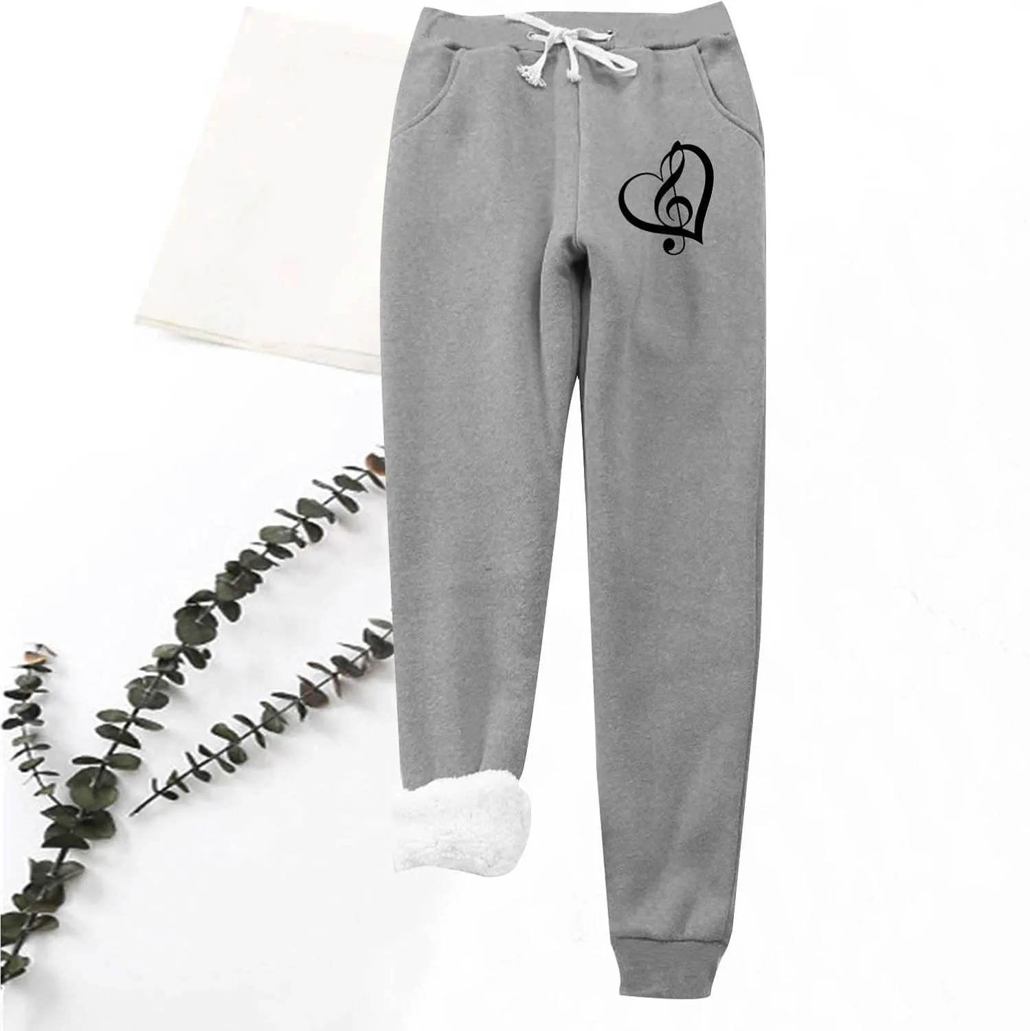Women's Fleece Lined Joggers 2023 Drawstring Cute Heart Graphic Warm Winter Sherpa Pants High Waisted Athletic Fit Sweatpants