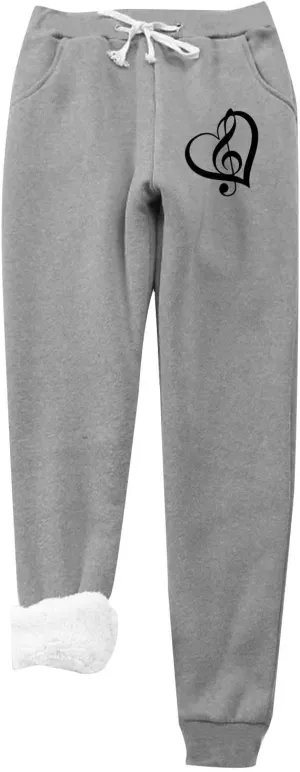 Women's Fleece Lined Joggers 2023 Drawstring Cute Heart Graphic Warm Winter Sherpa Pants High Waisted Athletic Fit Sweatpants