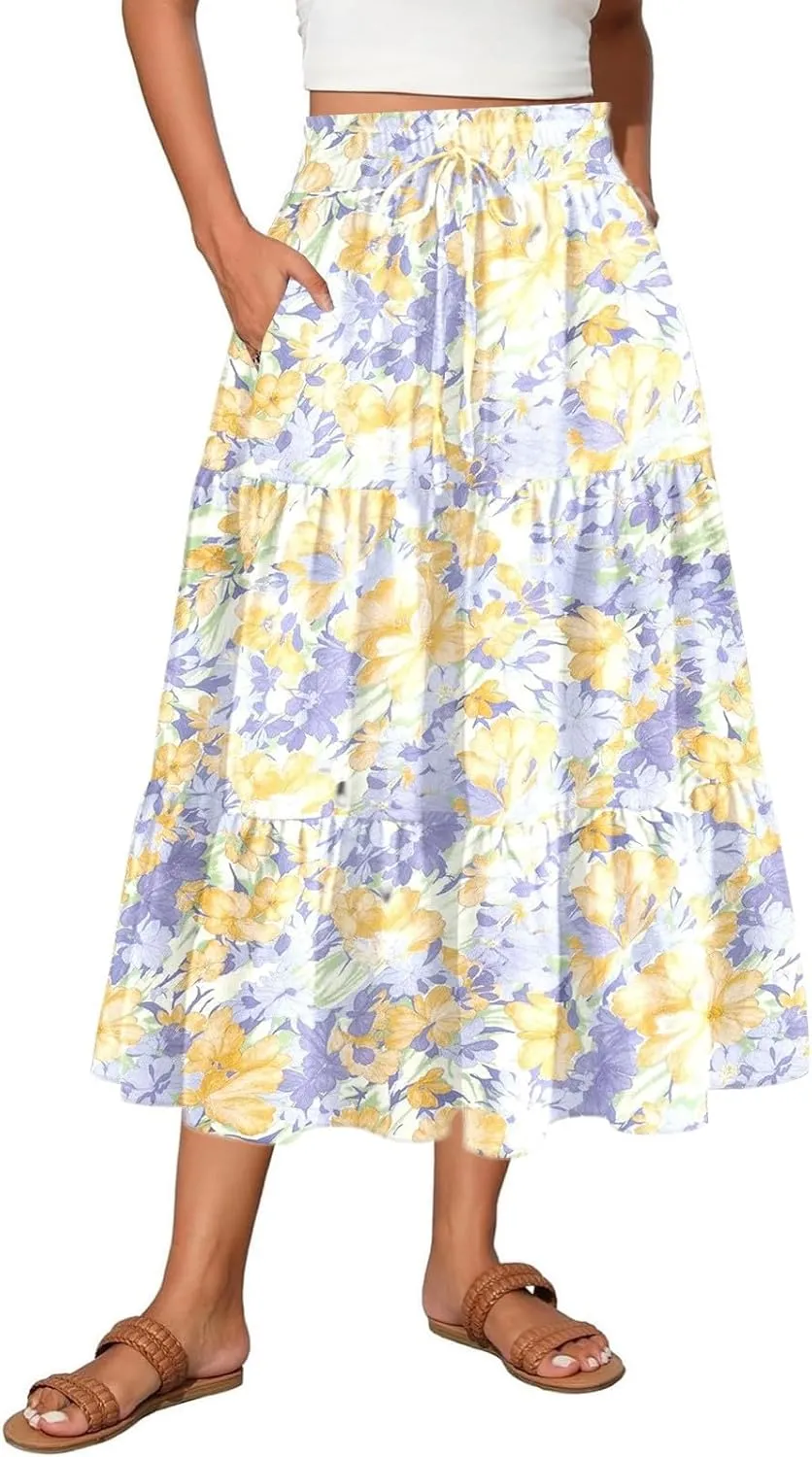 Women's Floral Boho Summer Spring Long Elastic High Waist Printed A Line Flowy Casual Flared Maxi Skirts with Pockets