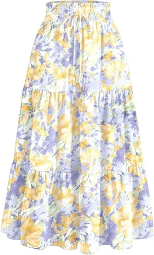 Women's Floral Boho Summer Spring Long Elastic High Waist Printed A Line Flowy Casual Flared Maxi Skirts with Pockets