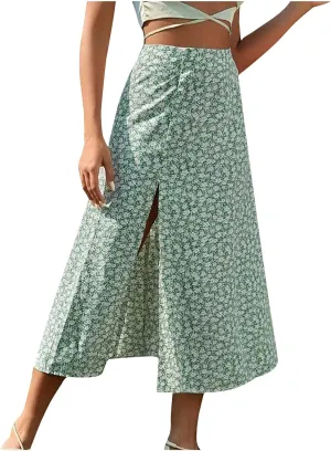 Women's High Slit Skirt High Waist Bodycon Split Long Skirt Summer Peasant Skirts for Women Boho Swing Midi Skirt
