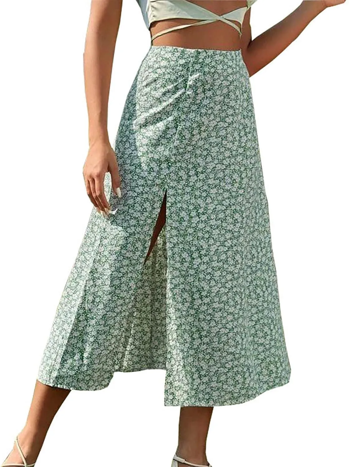 Women's High Slit Skirt High Waist Bodycon Split Long Skirt Summer Peasant Skirts for Women Boho Swing Midi Skirt