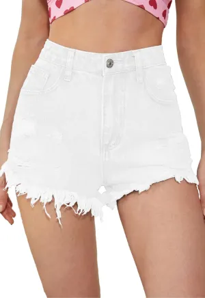 Women's High Waisted Stretchy Denim Shorts Ripped Raw Hem Summer Jeans Shorts