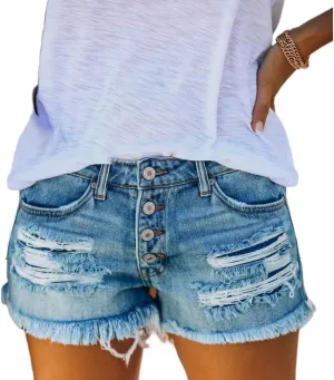 Women's Jean Shorts Button High Waisted Sanding Wash Denim Shorts Pants with Pockets