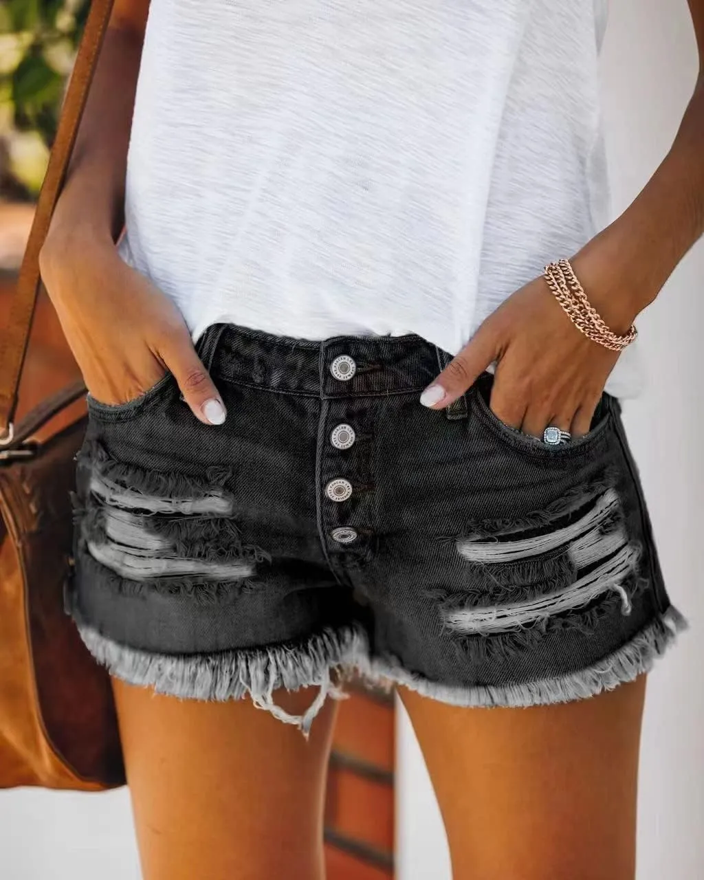 Women's Jean Shorts Button High Waisted Sanding Wash Denim Shorts Pants with Pockets