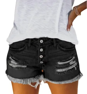 Women's Jean Shorts Button High Waisted Sanding Wash Denim Shorts Pants with Pockets