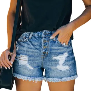 Women's Jean Shorts Button High Waisted Sanding Wash Denim Shorts Pants with Pockets