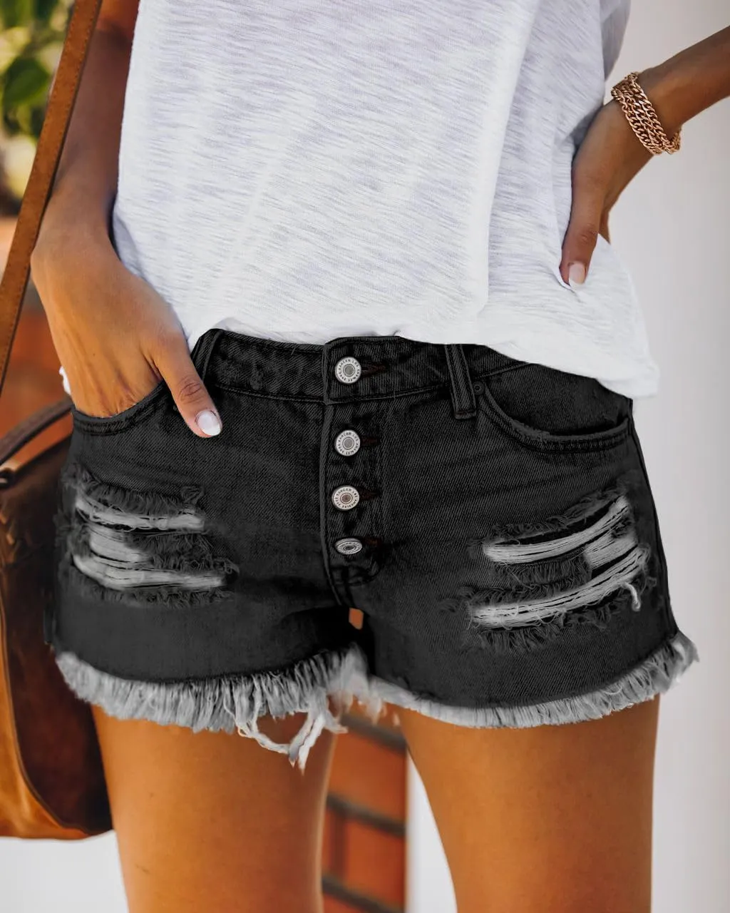 Women's Jean Shorts Button High Waisted Sanding Wash Denim Shorts Pants with Pockets