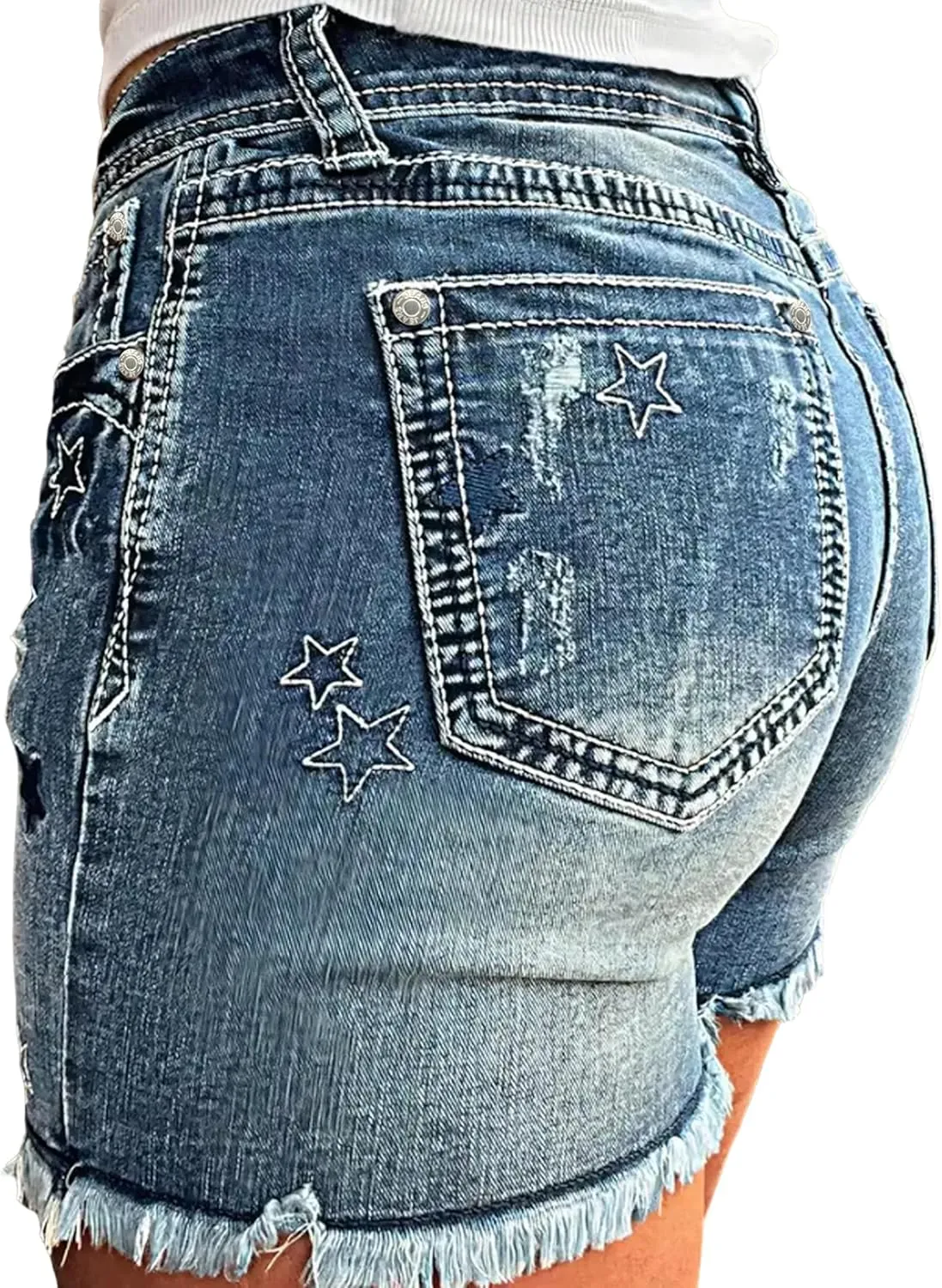 Women's Jean Shorts Sexy Stretchy High Waisted Star Embroidery Raw Hem Denim Shorts