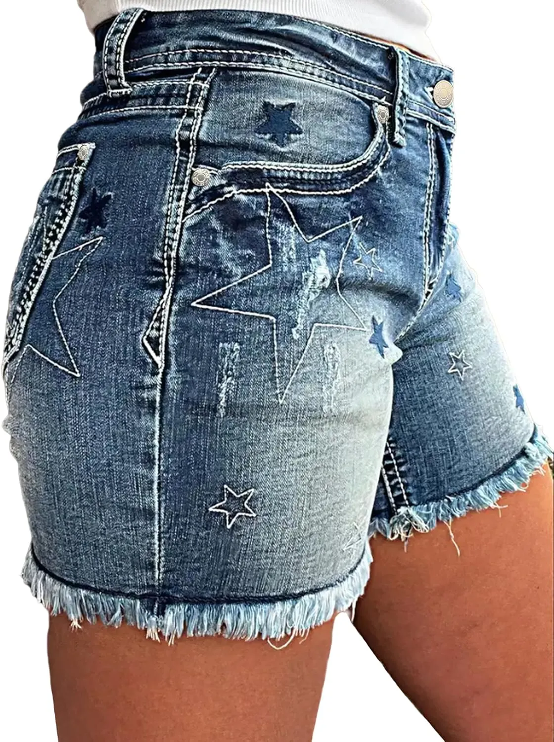 Women's Jean Shorts Sexy Stretchy High Waisted Star Embroidery Raw Hem Denim Shorts