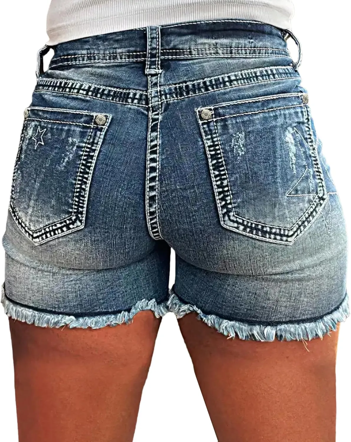 Women's Jean Shorts Sexy Stretchy High Waisted Star Embroidery Raw Hem Denim Shorts