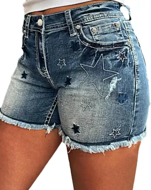 Women's Jean Shorts Sexy Stretchy High Waisted Star Embroidery Raw Hem Denim Shorts