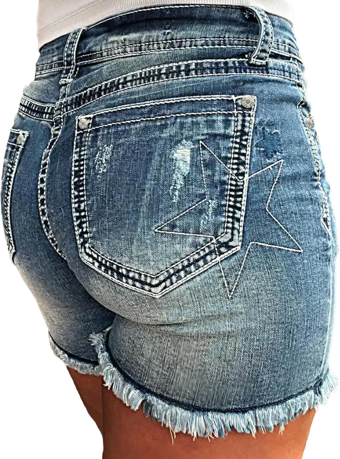 Women's Jean Shorts Sexy Stretchy High Waisted Star Embroidery Raw Hem Denim Shorts