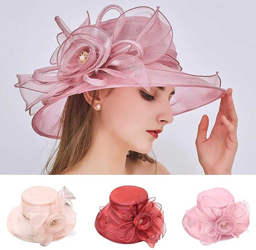 Women's Kentucky Church Derby Hat Organza Bowknot Fascinator Wedding Tea Party Hats Leaf Flower Wide Brim Sun Hat