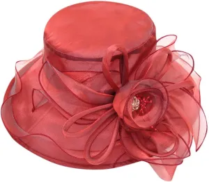 Women's Kentucky Church Derby Hat Organza Bowknot Fascinator Wedding Tea Party Hats Leaf Flower Wide Brim Sun Hat