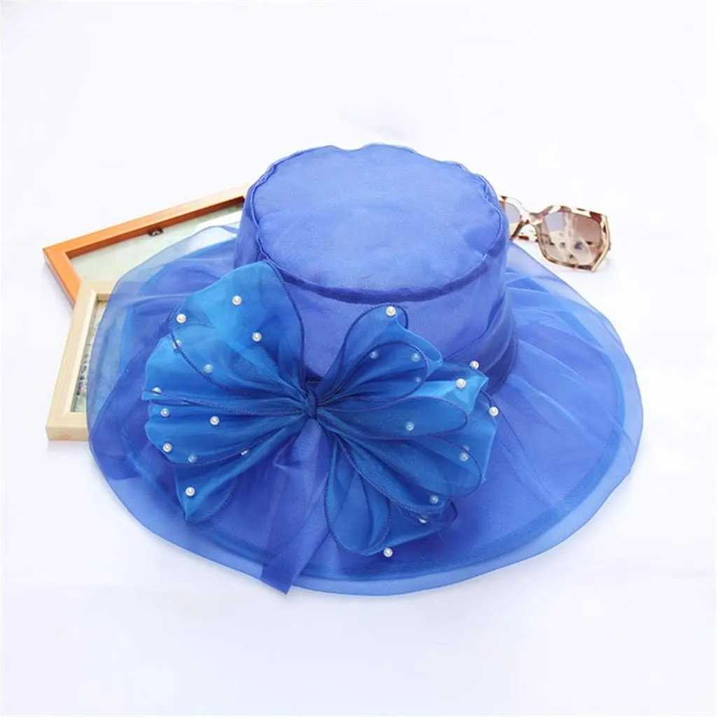 Women's Kentucky Church Derby Hat Organza Bowknot Fascinator Wedding Tea Party Hats Leaf Flower Wide Brim Sun Hat