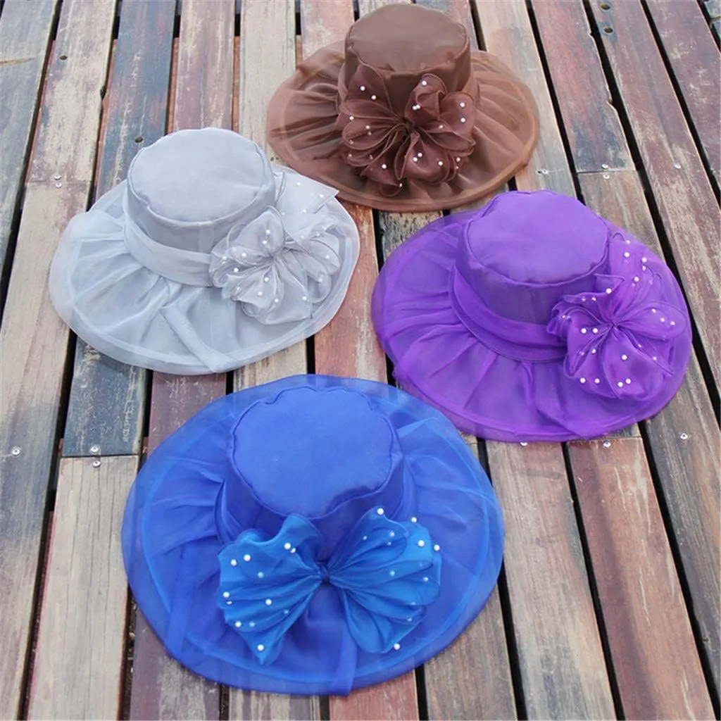 Women's Kentucky Church Derby Hat Organza Bowknot Fascinator Wedding Tea Party Hats Leaf Flower Wide Brim Sun Hat