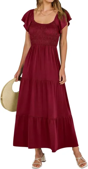 Womens Maxi Dress Round Neck Ruffle Sleeve Long Dresses Empire Waist Tiered A-Line Dress Casual Boho Flowy Dresses