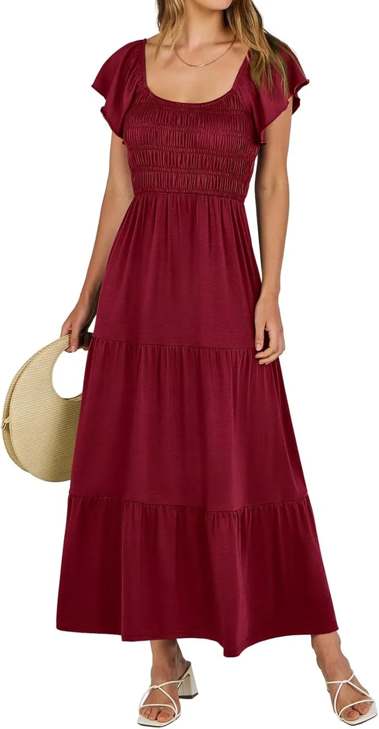 Womens Maxi Dress Round Neck Ruffle Sleeve Long Dresses Empire Waist Tiered A-Line Dress Casual Boho Flowy Dresses