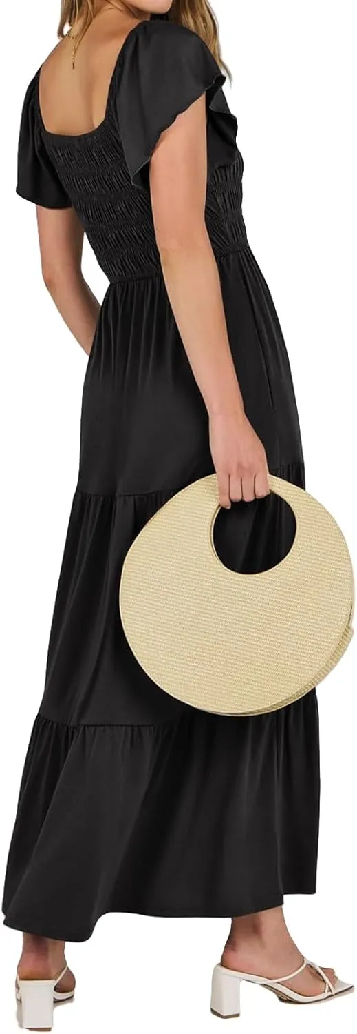 Womens Maxi Dress Round Neck Ruffle Sleeve Long Dresses Empire Waist Tiered A-Line Dress Casual Boho Flowy Dresses