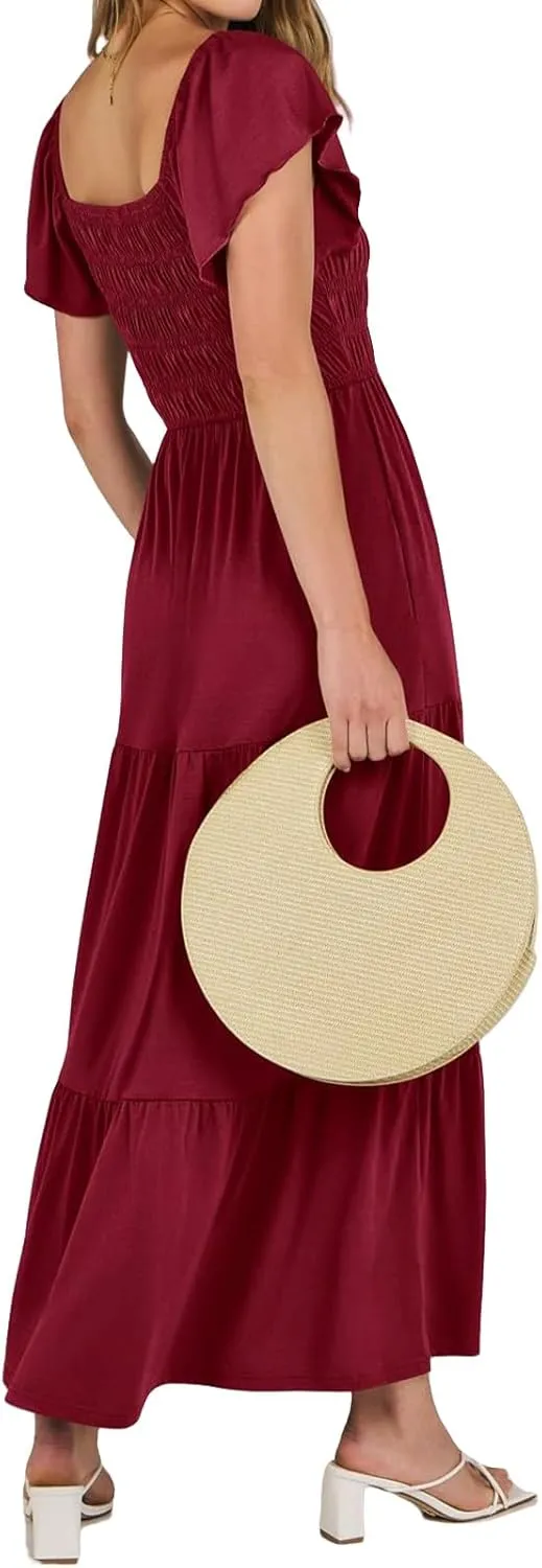 Womens Maxi Dress Round Neck Ruffle Sleeve Long Dresses Empire Waist Tiered A-Line Dress Casual Boho Flowy Dresses