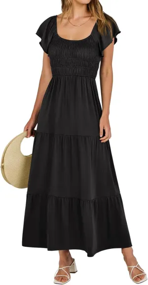 Womens Maxi Dress Round Neck Ruffle Sleeve Long Dresses Empire Waist Tiered A-Line Dress Casual Boho Flowy Dresses
