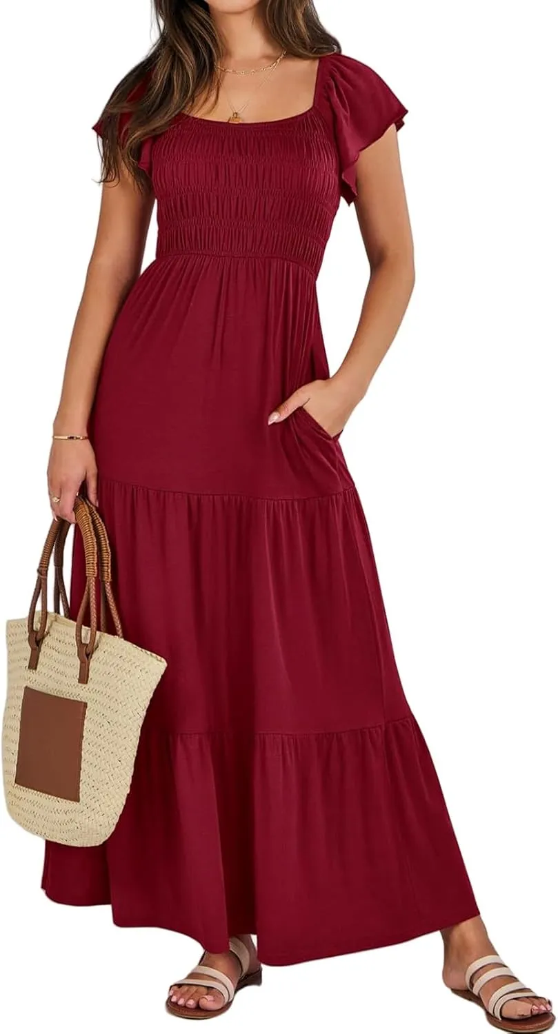 Womens Maxi Dress Round Neck Ruffle Sleeve Long Dresses Empire Waist Tiered A-Line Dress Casual Boho Flowy Dresses