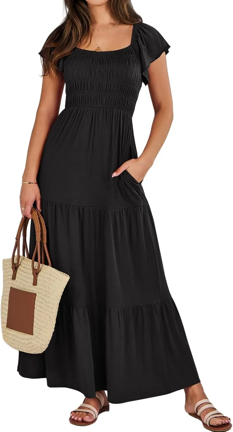 Womens Maxi Dress Round Neck Ruffle Sleeve Long Dresses Empire Waist Tiered A-Line Dress Casual Boho Flowy Dresses