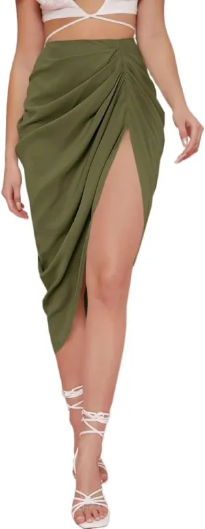 Women's Maxi Skirt Summer High Waist Ruched High-Slit Midi Skirt
