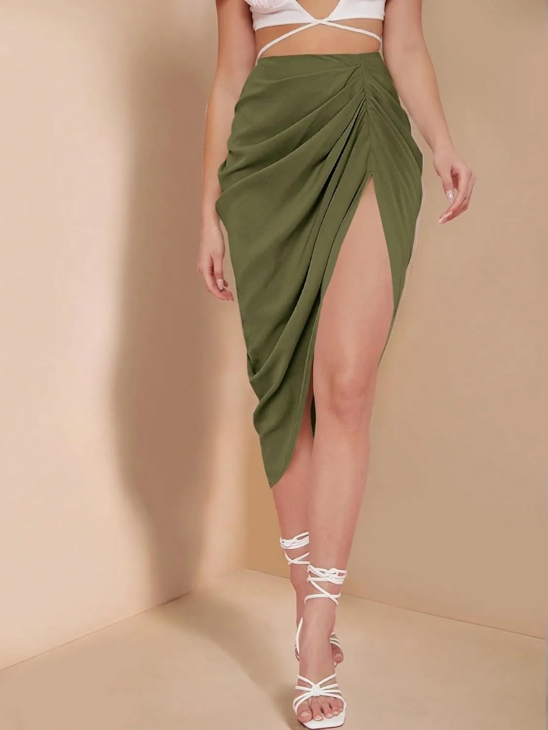 Women's Maxi Skirt Summer High Waist Ruched High-Slit Midi Skirt