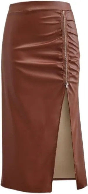 Women's Maxi Skirt Summer Midi High Waist Ruched Slit Leather Skirt