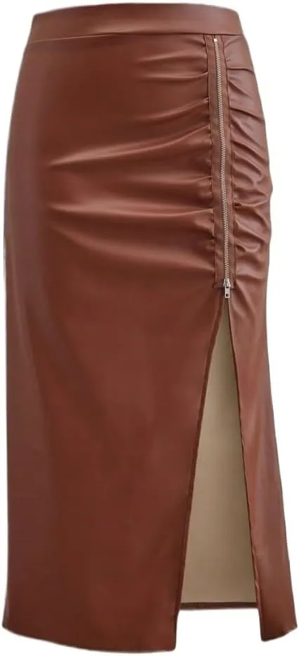 Women's Maxi Skirt Summer Midi High Waist Ruched Slit Leather Skirt