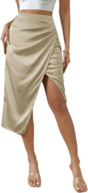 Women's Maxi Skirt Summer Midi High Waist Ruched Slit Satin Skirt