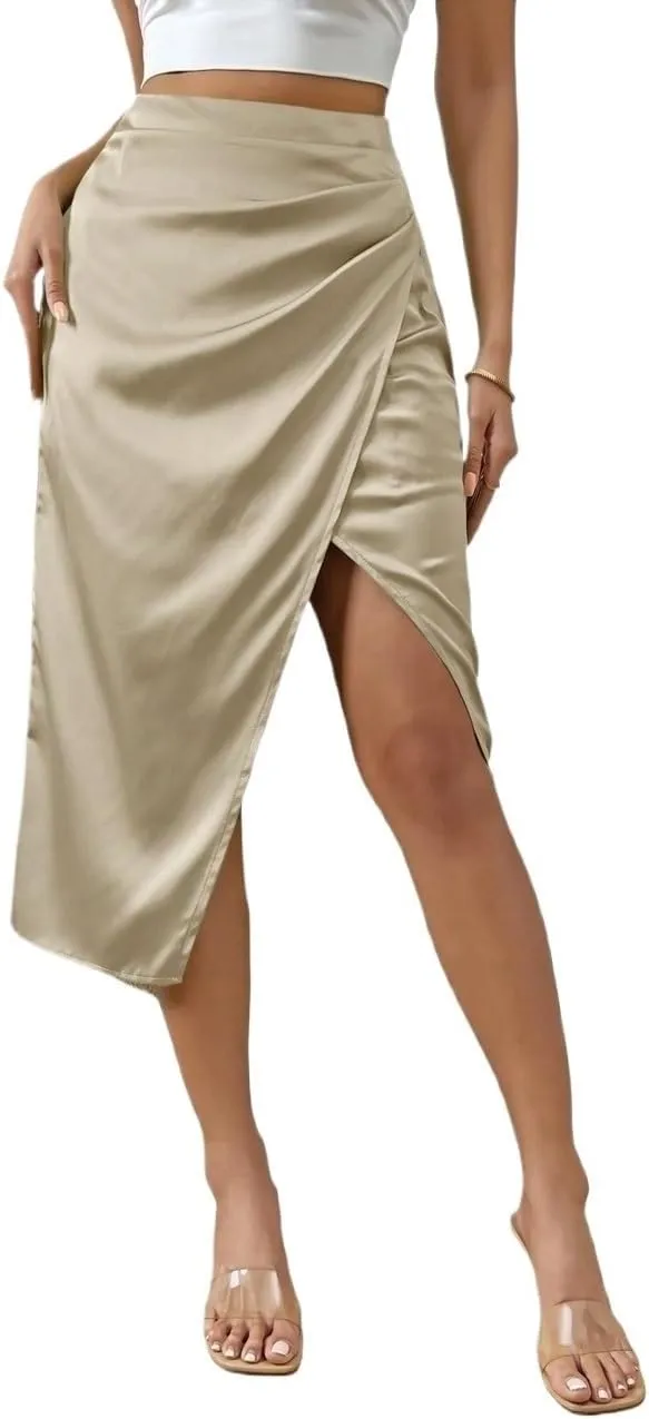 Women's Maxi Skirt Summer Midi High Waist Ruched Slit Satin Skirt