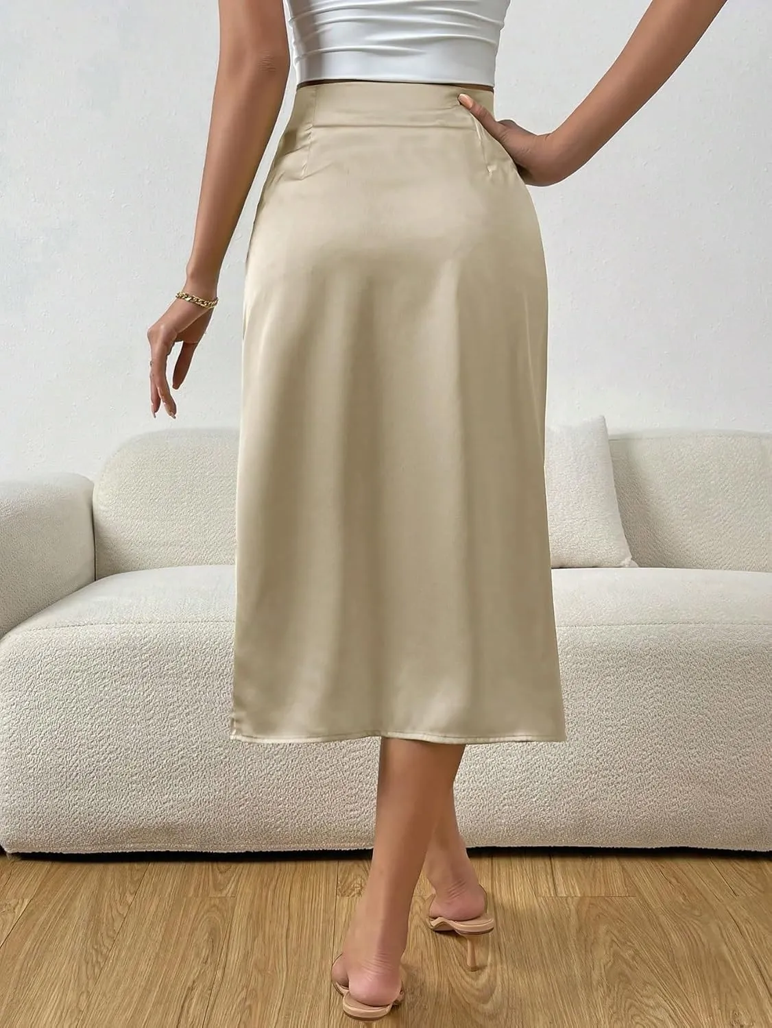 Women's Maxi Skirt Summer Midi High Waist Ruched Slit Satin Skirt