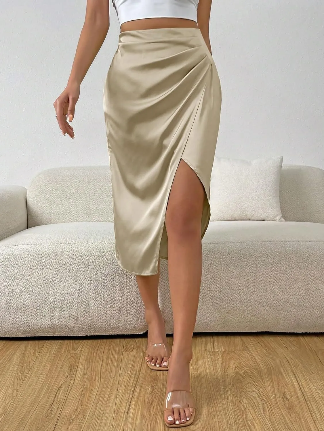 Women's Maxi Skirt Summer Midi High Waist Ruched Slit Satin Skirt
