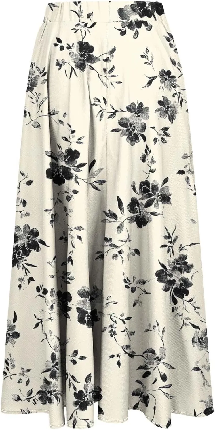 Womens Maxi Skirt Trendy Summer Boho Floral Printed Flowy Long Skirts Pleated Beach Vacation Resort Chiffon Skirt