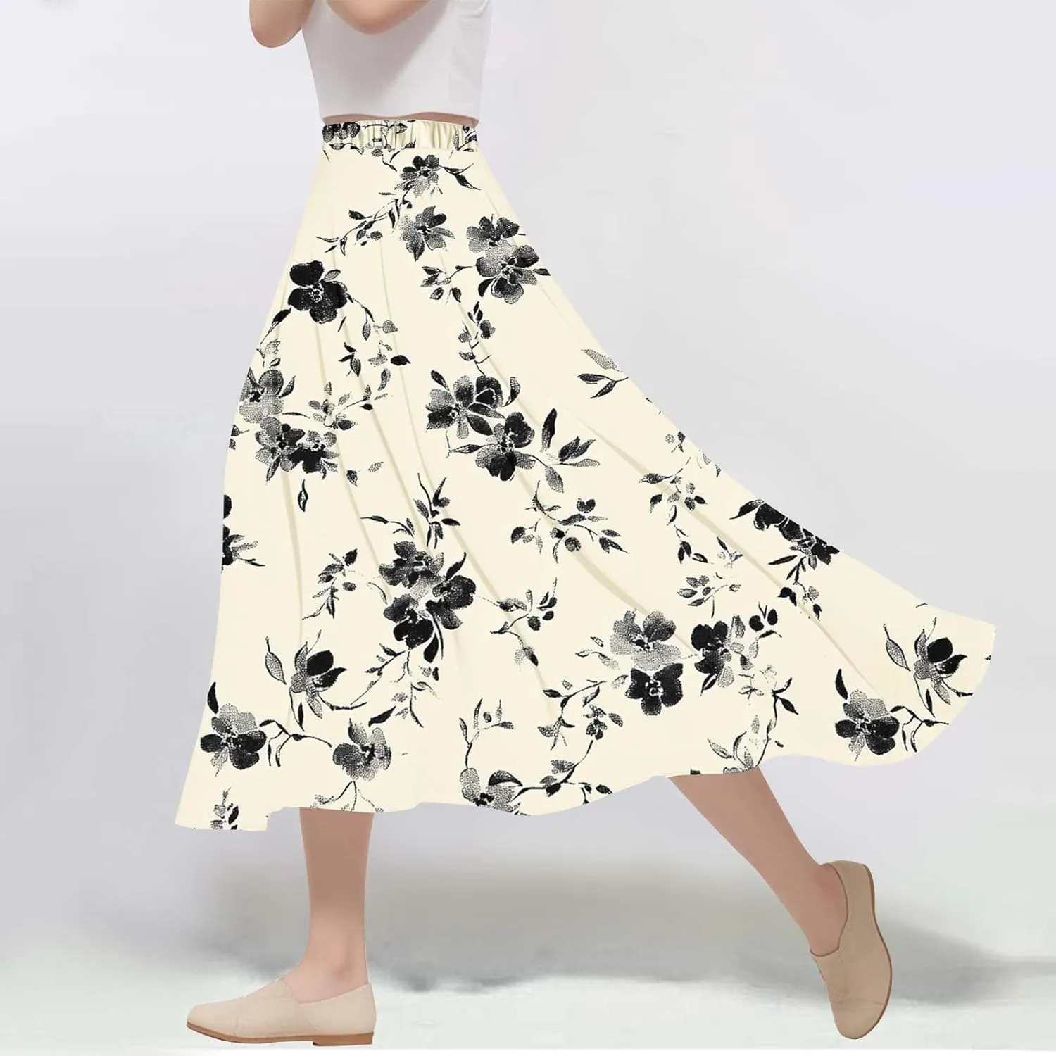 Womens Maxi Skirt Trendy Summer Boho Floral Printed Flowy Long Skirts Pleated Beach Vacation Resort Chiffon Skirt